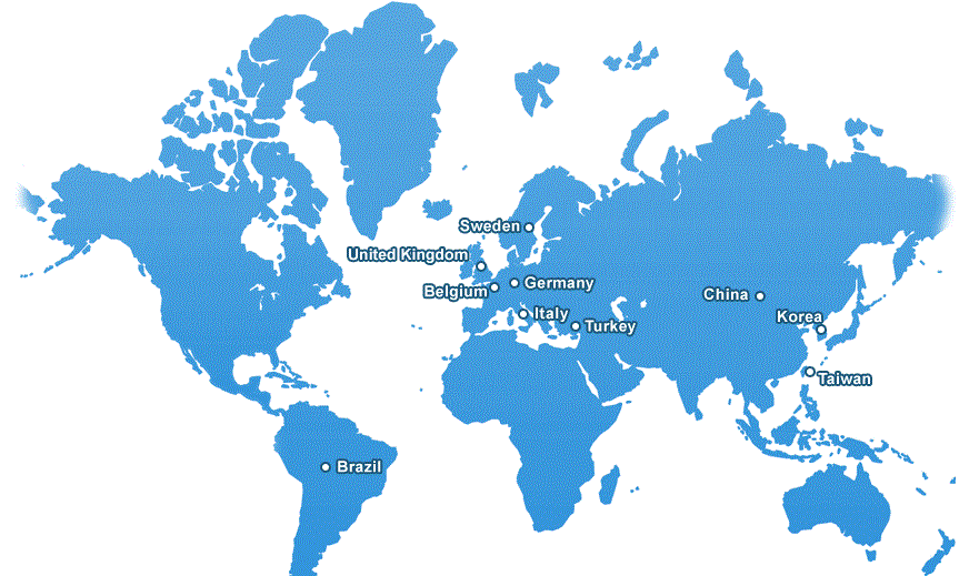 Countries we operate in - UK, Germany, Belgium, Sweden, Brazil, China, Italy, Turkey and Korea